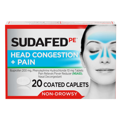 Sudafed PE Non-Drowsy Head Congestion + Pain Relief Caplets with Ibuprofen 200 mg & Phenylephrine HCl 10 mg – 20 ct