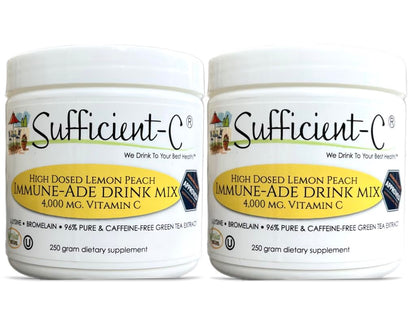 Sufficient-C High Dose Non-GMO Vitamin C - Lemon Peach Immune-Ade Drink Mix 250g (2 Pack)
