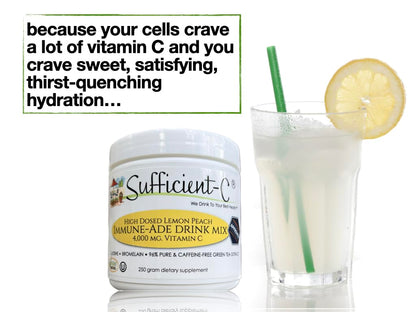 Sufficient-C High Dose Non-GMO Vitamin C - Lemon Peach Immune-Ade Drink Mix 250g (2 Pack)