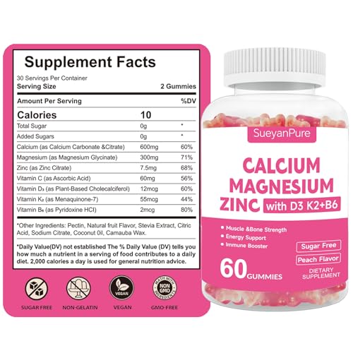 Sugar Free Calcium Magnesium Zinc Gummies with Vitamin D3 C B6 K2 – 600mg Calcium, 300mg Magnesium (60 Count)