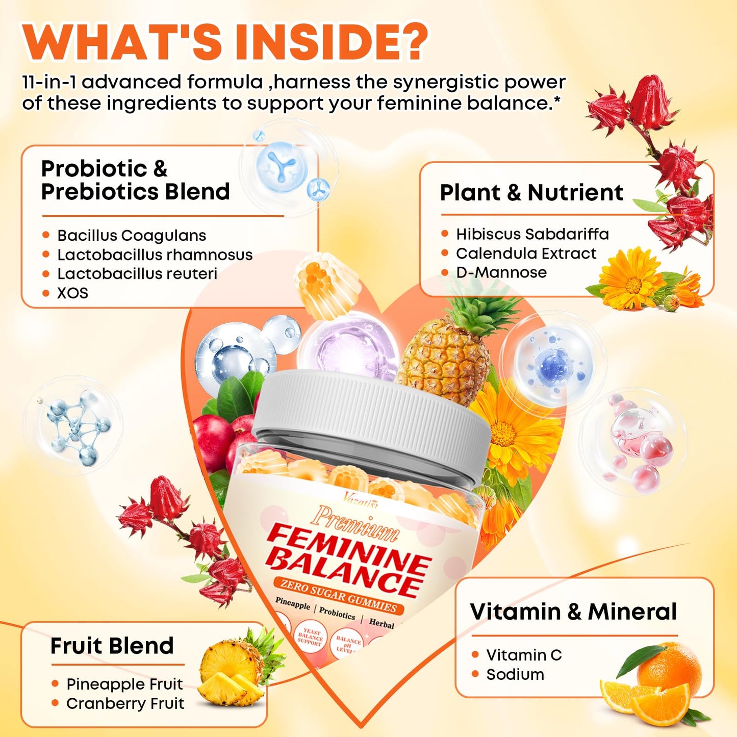 Sugar Free Feminine Balance Gummies for Women – Pineapple Flavor, pH Balance & Flora Support – Vegetarian Friendly – 60 Count
