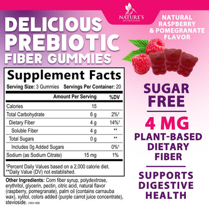Prebiotic Fiber Gummies 4g - Sugar Free Gummy Fiber Supplement for Digestive Health & Regularity - Raspberry Flavor | Plant-Based, Non-GMO, Gluten Free - 60 Gummies