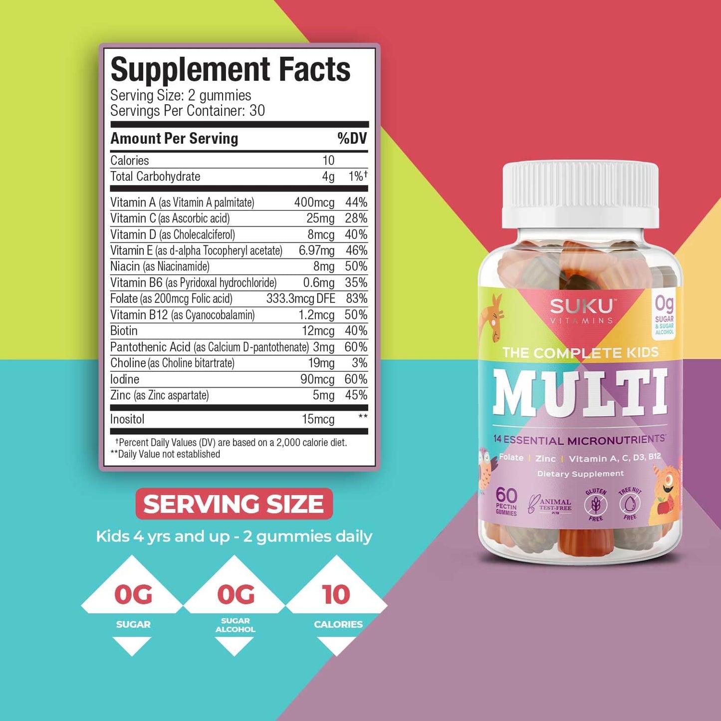 SUKU Complete Kids Multivitamin Gummies | Immune Support, 0g Sugar, Gluten-Free, Non-GMO | Tropical Bonanza Flavor – 60 Count