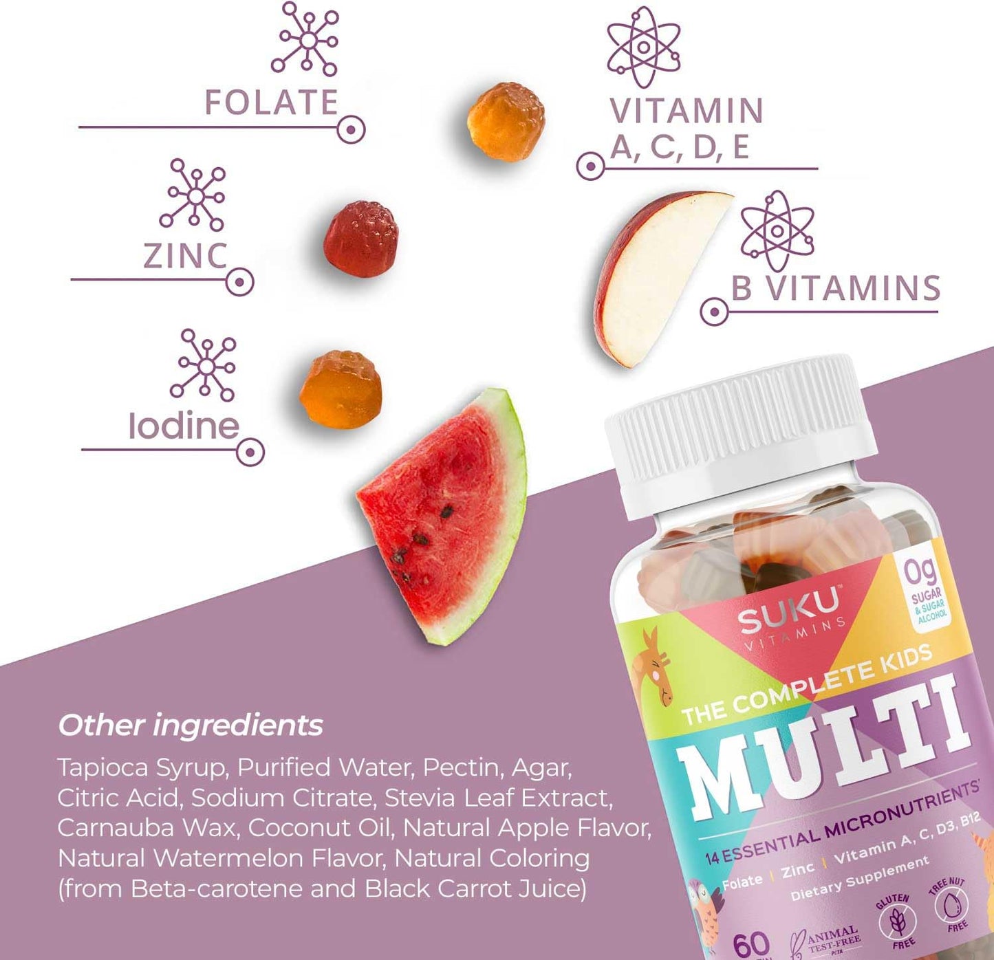 SUKU Complete Kids Multivitamin Gummies | Immune Support, 0g Sugar, Gluten-Free, Non-GMO | Tropical Bonanza Flavor – 60 Count