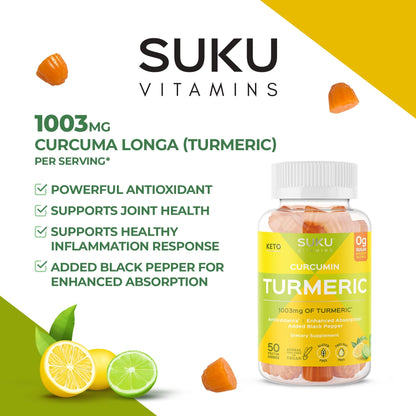 SUKU Turmeric Curcumin Gummies – Sugar Free, Black Pepper, 1003mg Turmeric (50 Gummies)