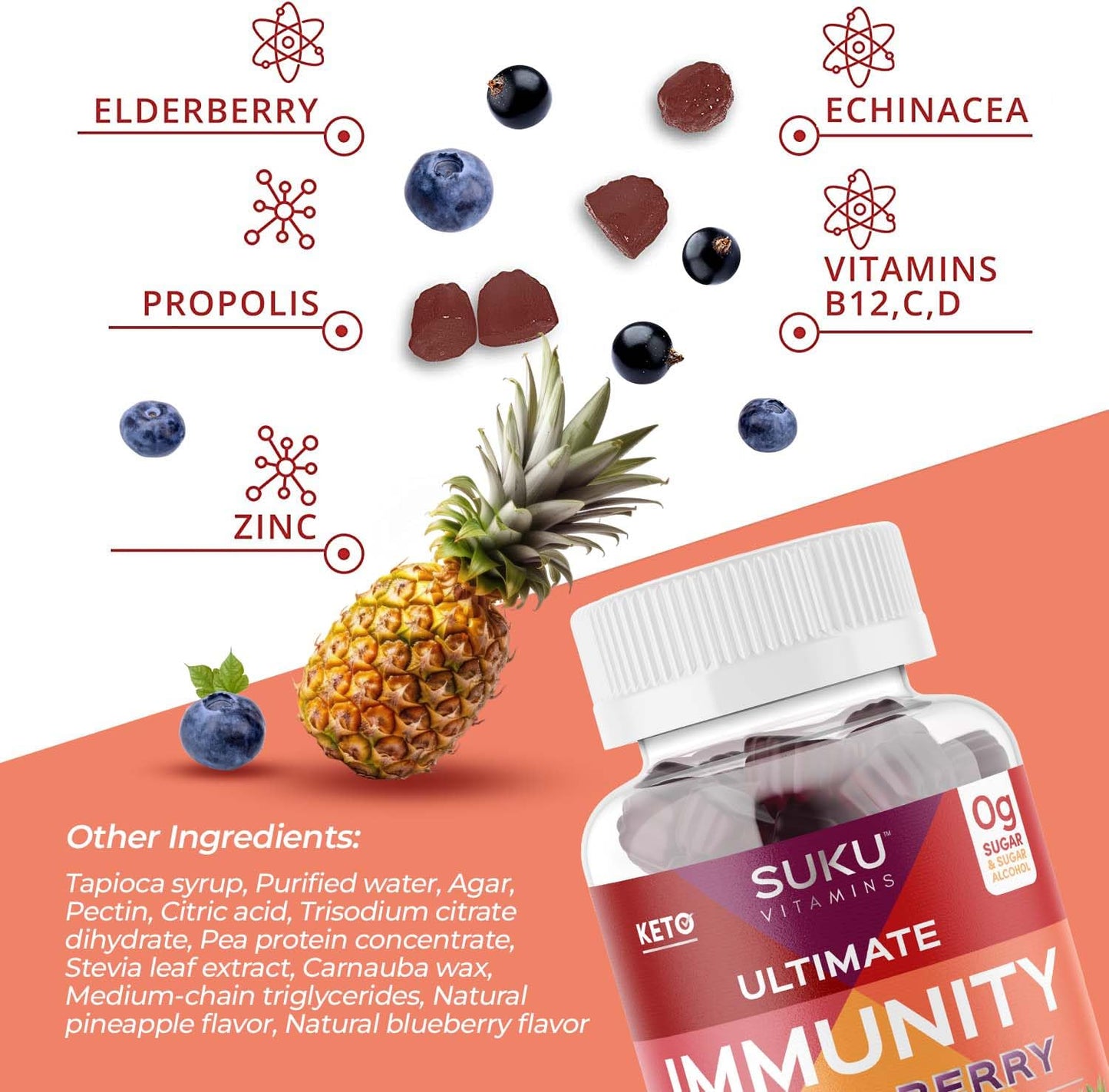 SUKU Vitamins Ultimate Immunity Gummies – Elderberry, Echinacea & Propolis, Pomegranate Lime, Non-GMO, Gluten Free, 50 Count