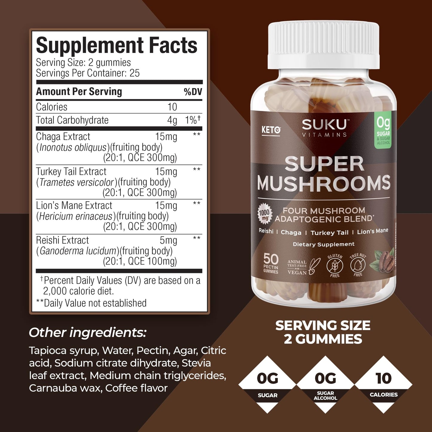 SUKU Vitamins - Super Mushroom Gummies (Reishi, Chaga, Turkey Tail & Lion's Mane) for Immunity - Espresso Flavor - 50 Count