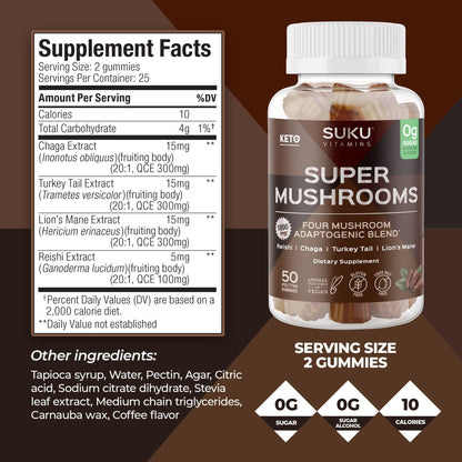 SUKU Vitamins - Super Mushroom Gummies (Reishi, Chaga, Turkey Tail & Lion's Mane) for Immunity - Espresso Flavor - 50 Count