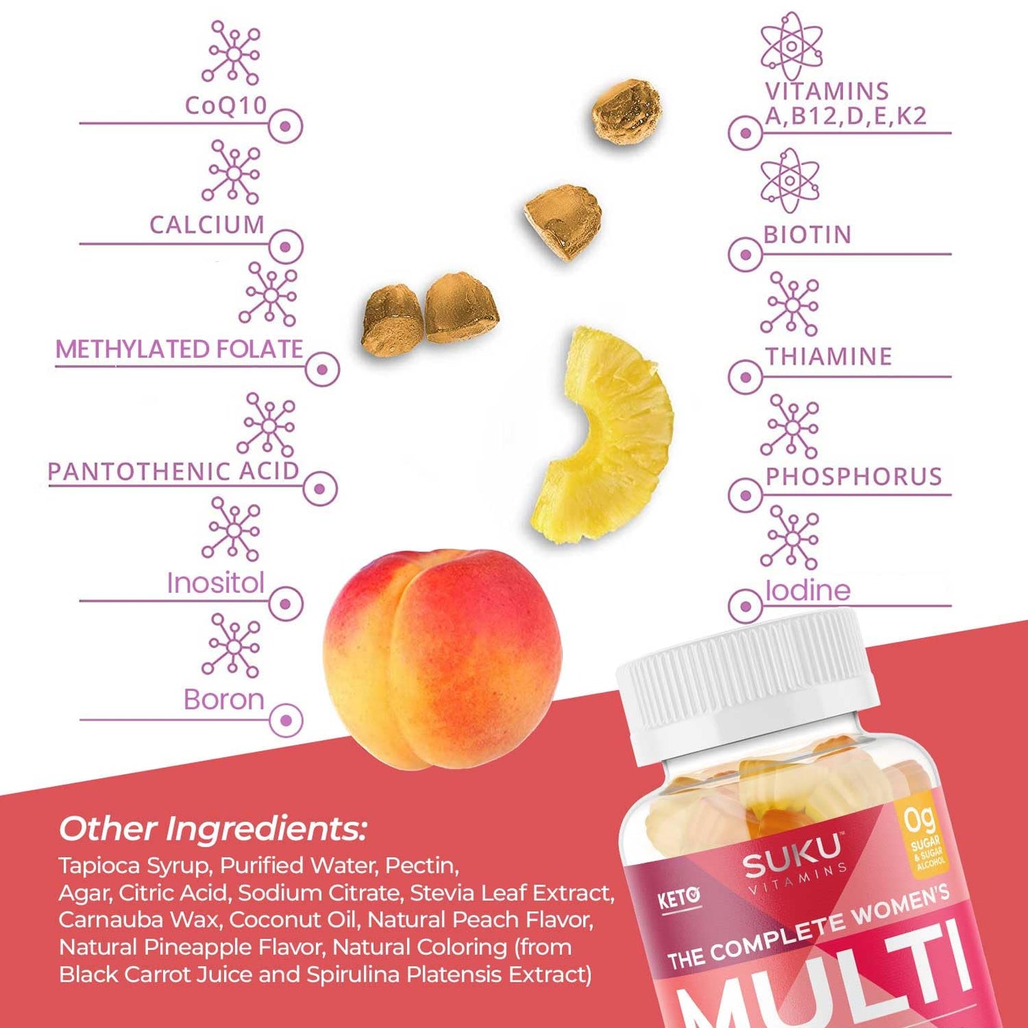 SUKU Vitamins Complete Women's Multi with Boron & K2 – Pineapple Peach Gummies (60 ct)