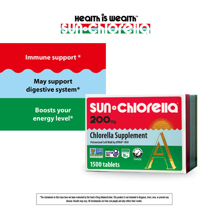 Sun Chlorella 200 mg Green Algae Superfood — Pulverized Cell Wall, CGF, B12, Iron | Non-GMO | 1500 Tablets