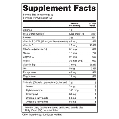 Sun Chlorella 200 mg Green Algae Superfood — Pulverized Cell Wall, CGF, B12, Iron | Non-GMO | 1500 Tablets