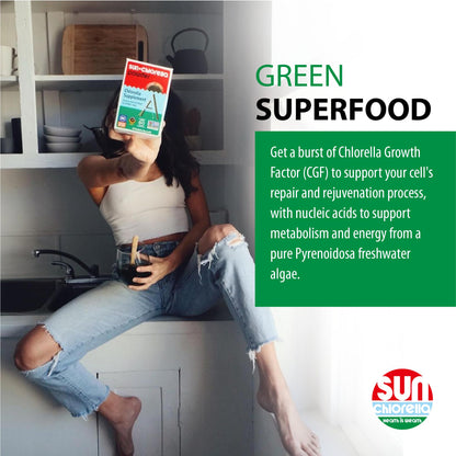 Sun Chlorella 200 mg Green Algae Superfood — Pulverized Cell Wall, CGF, B12, Iron | Non-GMO | 1500 Tablets