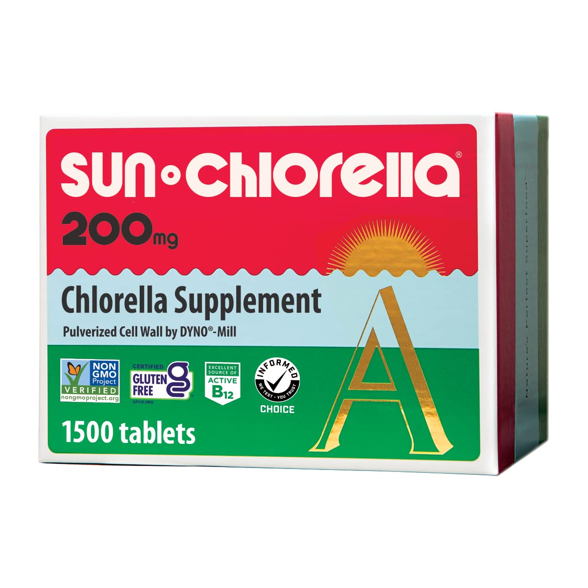 Sun Chlorella 200 mg Green Algae Superfood — Pulverized Cell Wall, CGF, B12, Iron | Non-GMO | 1500 Tablets
