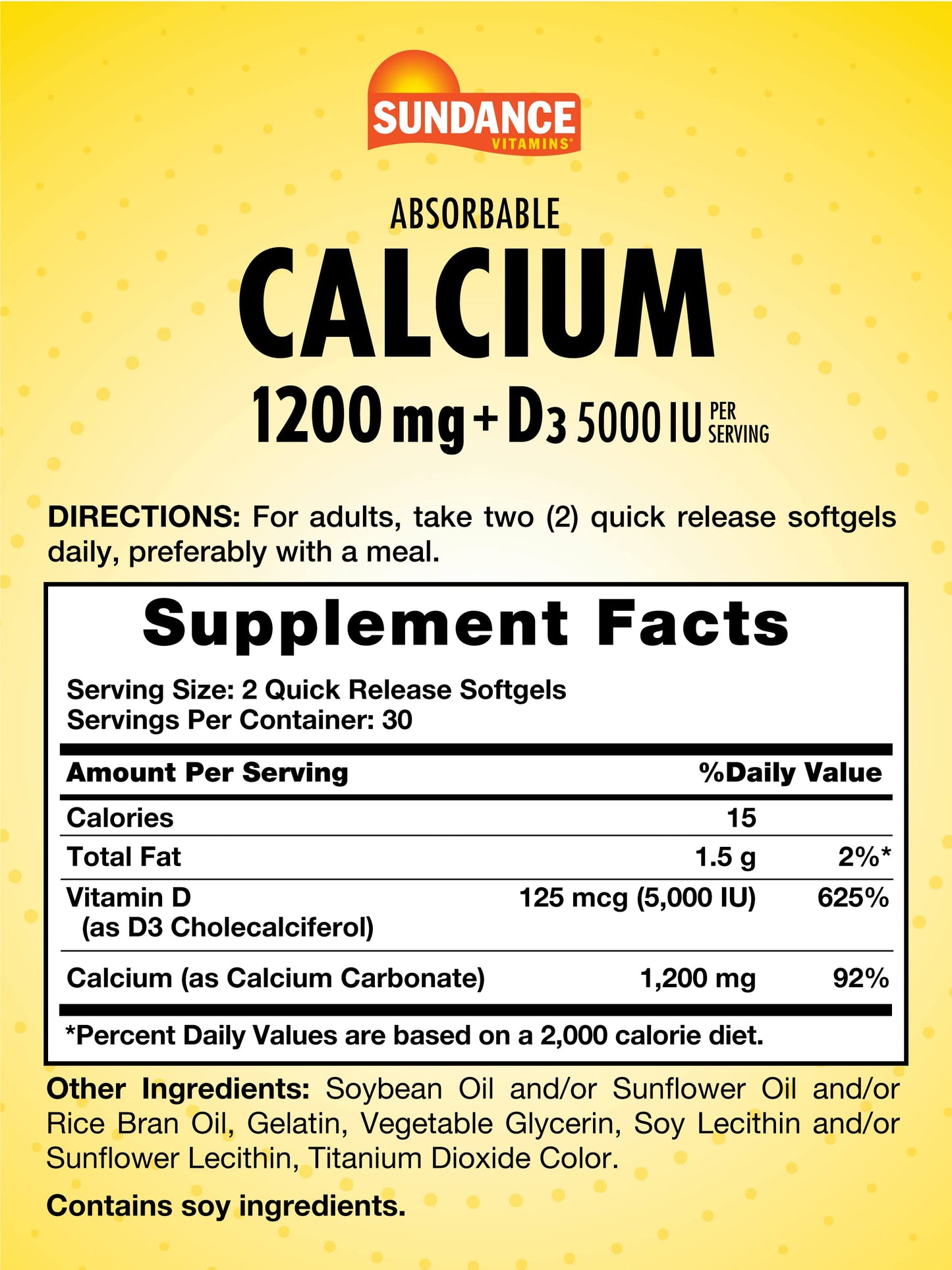Sundance Calcium 1200 mg + Vitamin D3 5000 IU | 60 Softgels | Non-GMO & Gluten Free