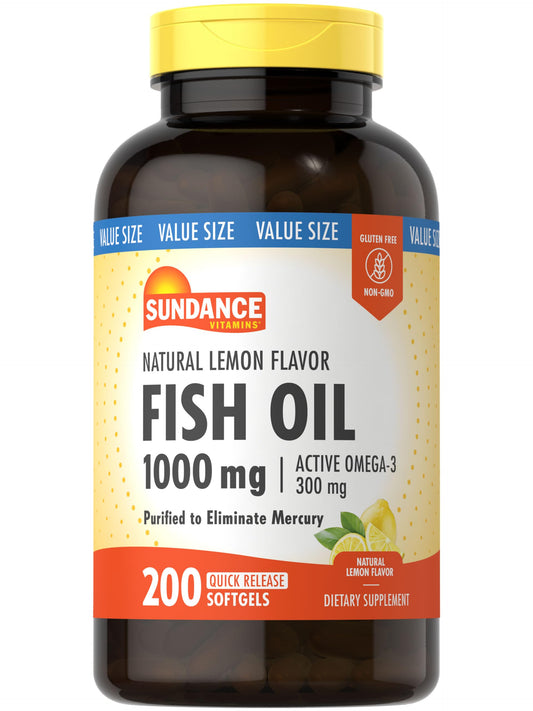 Sundance Fish Oil Softgels 1000mg with Active Omega-3 – Lemon Flavor, 200 Softgels, Non-GMO & Gluten Free
