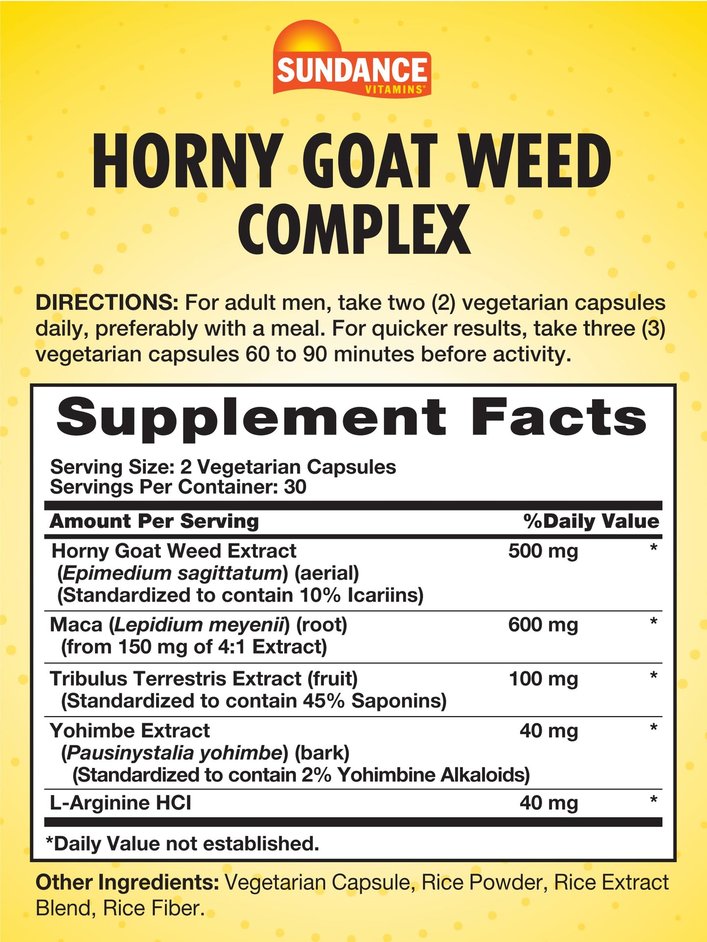 Sundance Horny Goat Weed Complex – 60 Capsules | Maca, Tribulus Terrestris & L-Arginine | Vegetarian, Non-GMO, Gluten Free