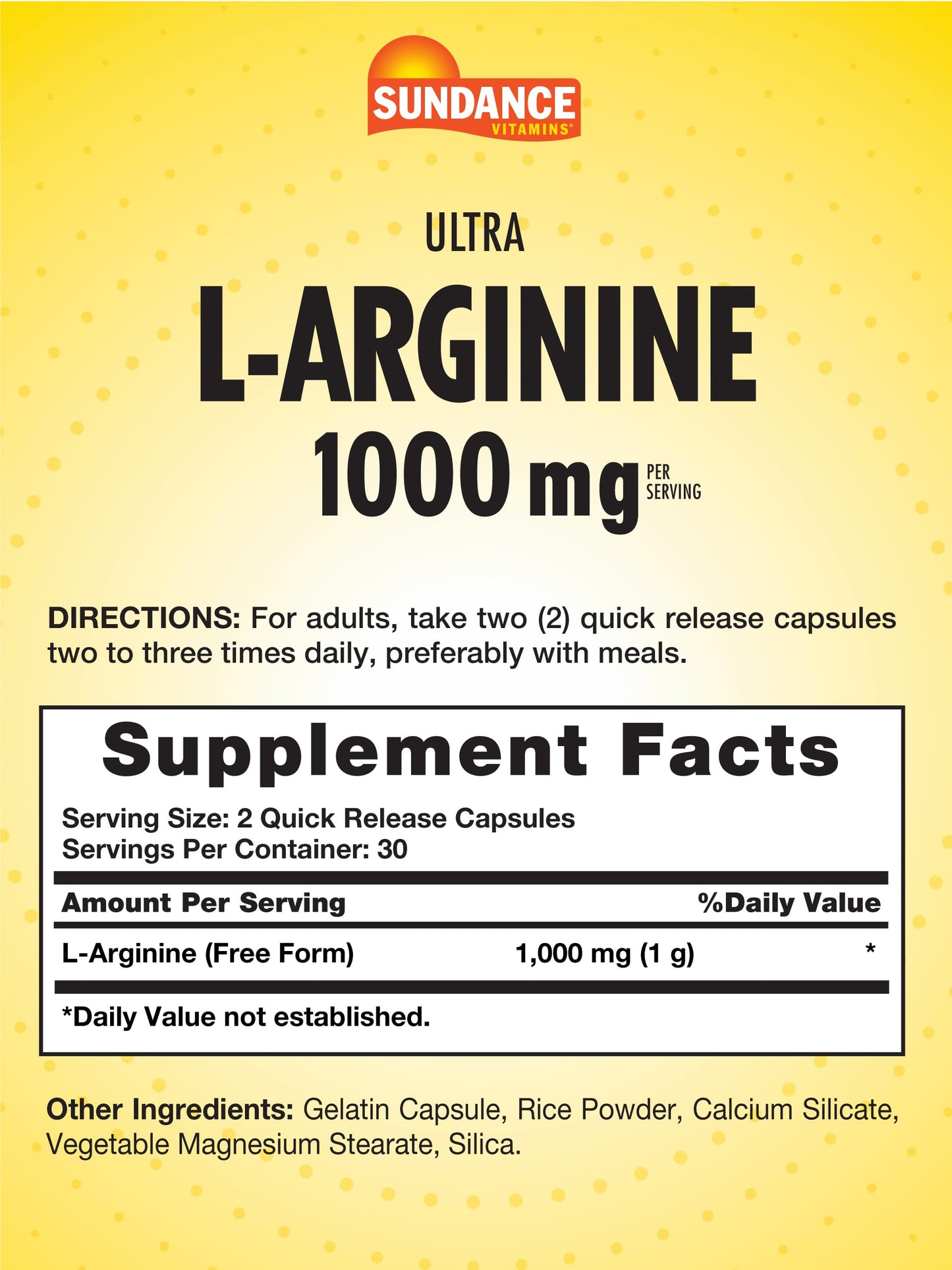 Sundance L-Arginine 1000mg Capsules – 60 Count | Free Form Amino Acid Supplement | Non-GMO & Gluten Free