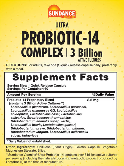Sundance Probiotic-14 Complex | 3 Billion Active Cultures | 60 Capsules | Non-GMO & Gluten Free