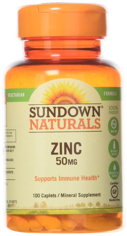Sundown Zinc Gluconate 50 mg Caplets – 100 ct | Gluten-Free, Vegetarian