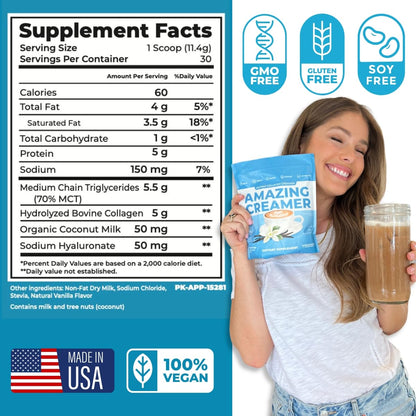 Superfoods Company Amazing Creamer with Collagen - Keto, MCT Oil, Hyaluronic Acid, Vanilla | 60 Servings