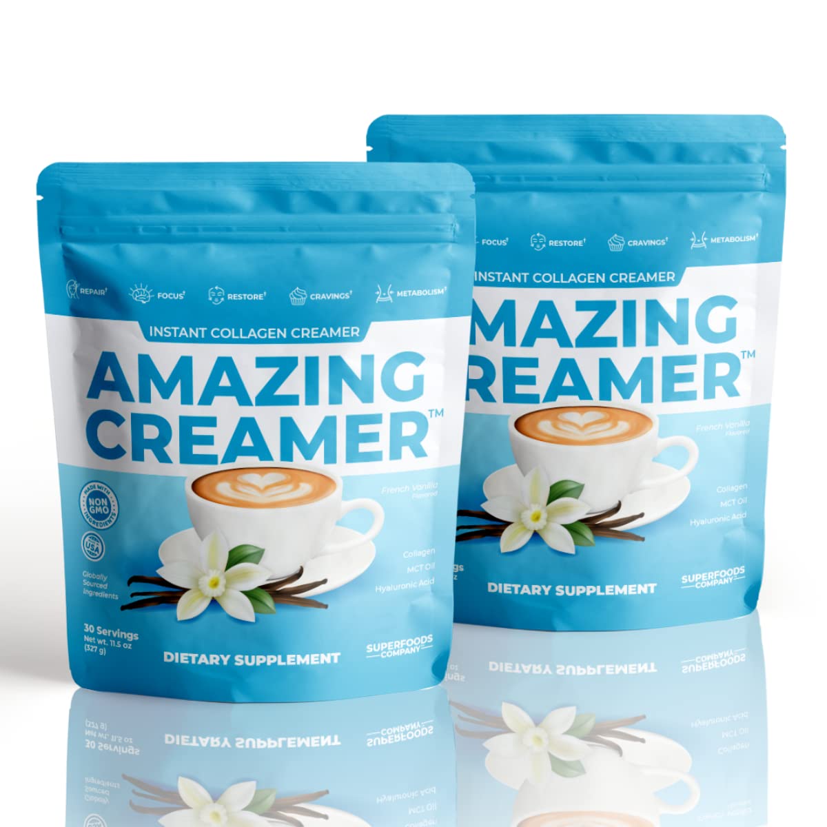 Superfoods Company Amazing Creamer with Collagen - Keto, MCT Oil, Hyaluronic Acid, Vanilla | 60 Servings
