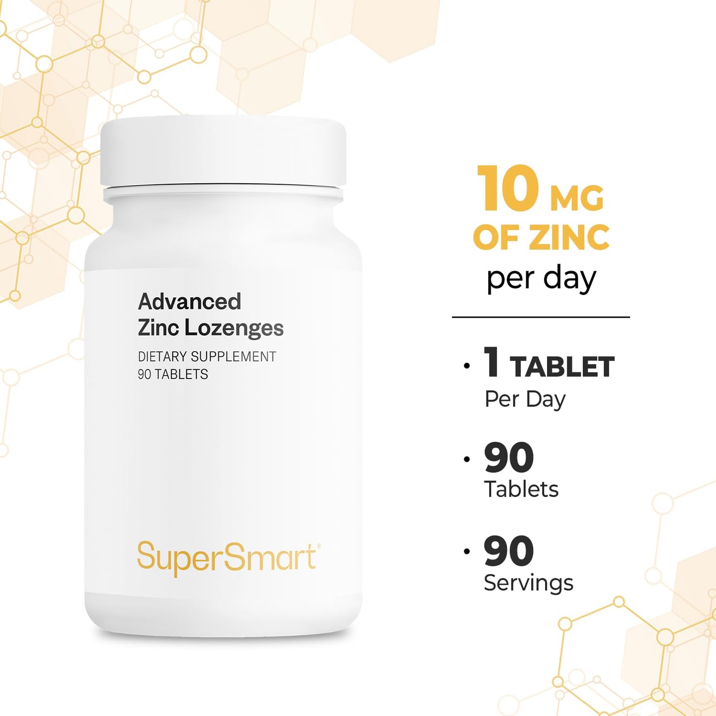 Supersmart Advanced Zinc Lozenges 10 mg | Zinc Bisglycinate – Mint, Non-GMO, Gluten Free – 90 Tablets