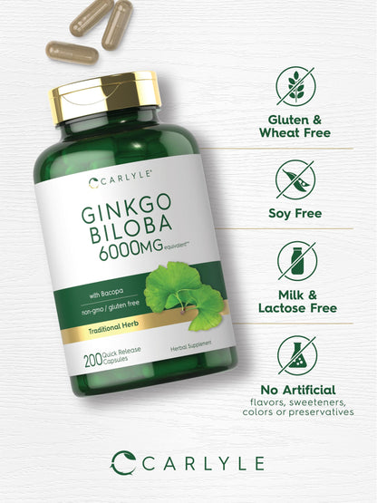 Carlyle Ginkgo Biloba Pills – 6000mg per Serving | 200 Capsules | Bacopa Extract | Extra Strength, Non-GMO & Gluten Free