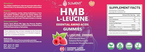 SUWENY HMB and L-Leucine Gummies 3000mg for Muscle Growth, Muscle Mass, Muscle Relief, and Fast Workout Recovery, for Men & Women,Sugar-Free,Raspberry Flavor,60 Count (1)