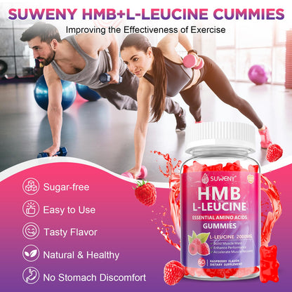 SUWENY HMB and L-Leucine Gummies 3000mg for Muscle Growth, Muscle Mass, Muscle Relief, and Fast Workout Recovery, for Men & Women,Sugar-Free,Raspberry Flavor,60 Count (1)