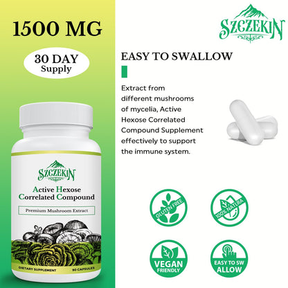 SZCZEKIN AHCC 1500 mg — 8 Mushroom Extract Immune Support Supplement | 720 Veggie Capsules