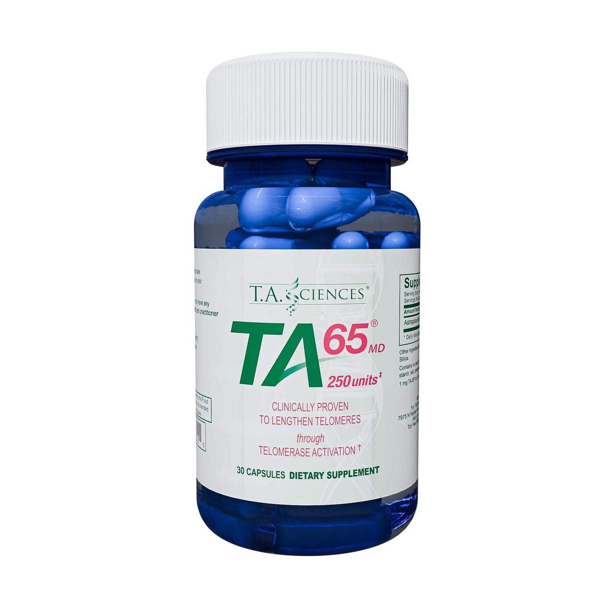 T.A. Sciences TA-65 Telomere Activation Supplement, 2.5x Potency Telomerase, 30 Capsules