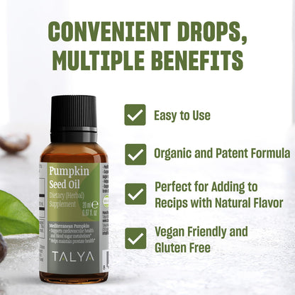TALYA Pumpkin Seed Oil Drops – Cold-Pressed 0.67 oz | Prostate Support, Hair & Skin Health | Vegan