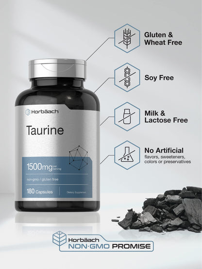 Horbäach Taurine Supplement 1500mg | 180 Capsules | Non-GMO & Gluten Free