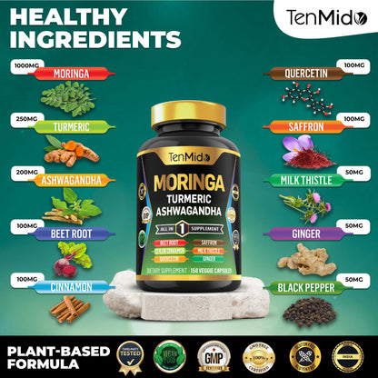 Tenmido Moringa Oleifera Supplement – 10-in-1 Formula for Energy & Immune Support | 150 Capsules