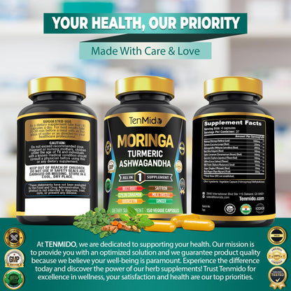 Tenmido Moringa Oleifera Supplement – 10-in-1 Formula for Energy & Immune Support | 150 Capsules