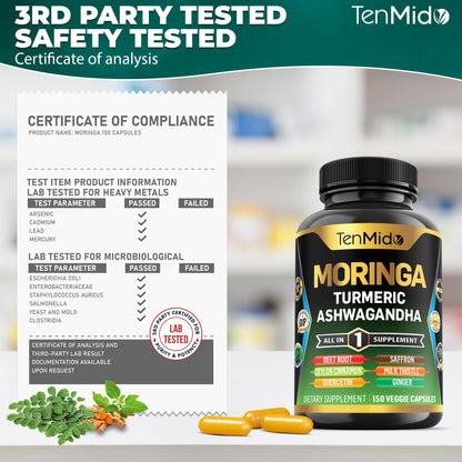 Tenmido Moringa Oleifera Supplement – 10-in-1 Formula for Energy & Immune Support | 150 Capsules