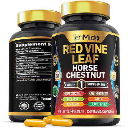 Tenmido Red Vine Leaf Extract Supplement – 7-in-1 Formula, 150 Capsules (75 Days)