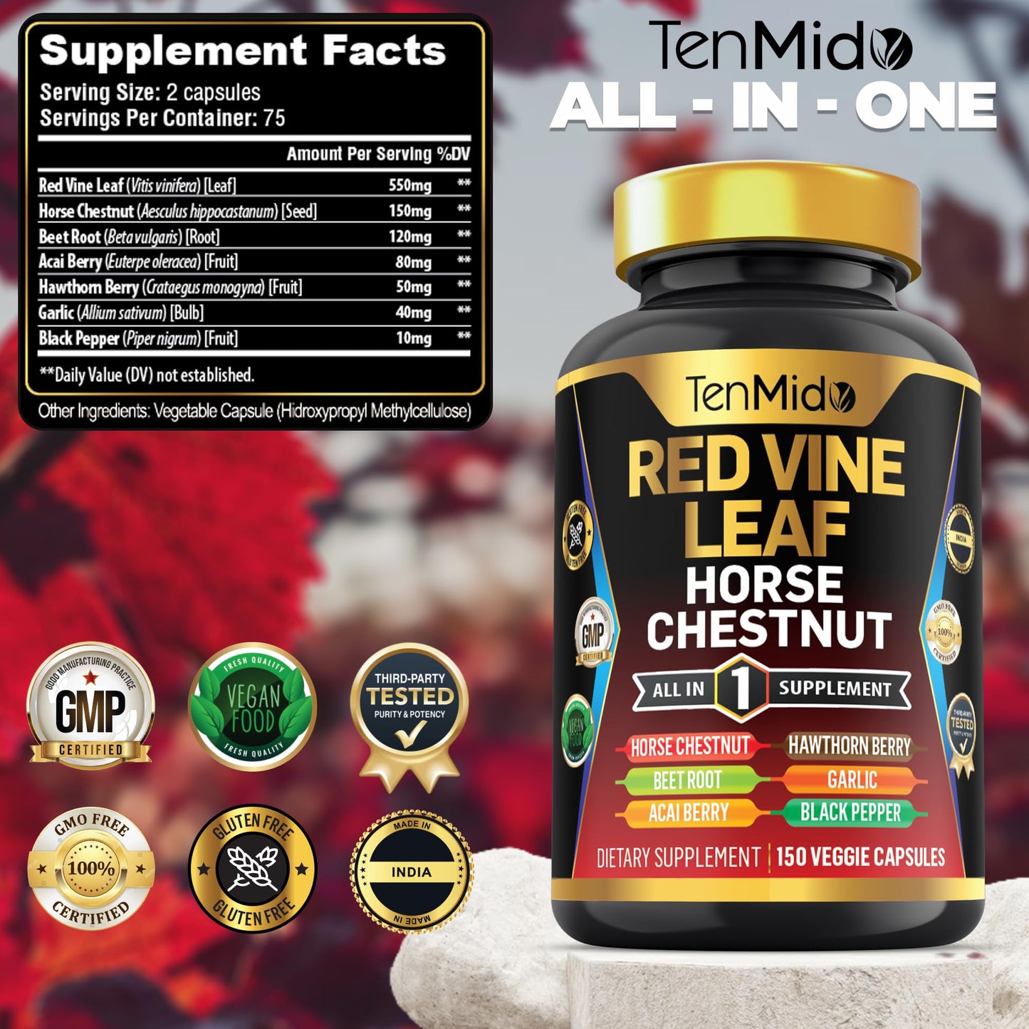 Tenmido Red Vine Leaf Extract Supplement – 7-in-1 Formula, 150 Capsules (75 Days)