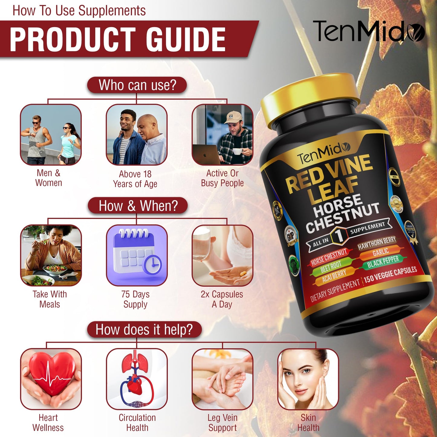 Tenmido Red Vine Leaf Extract Supplement – 7-in-1 Formula, 150 Capsules (75 Days)