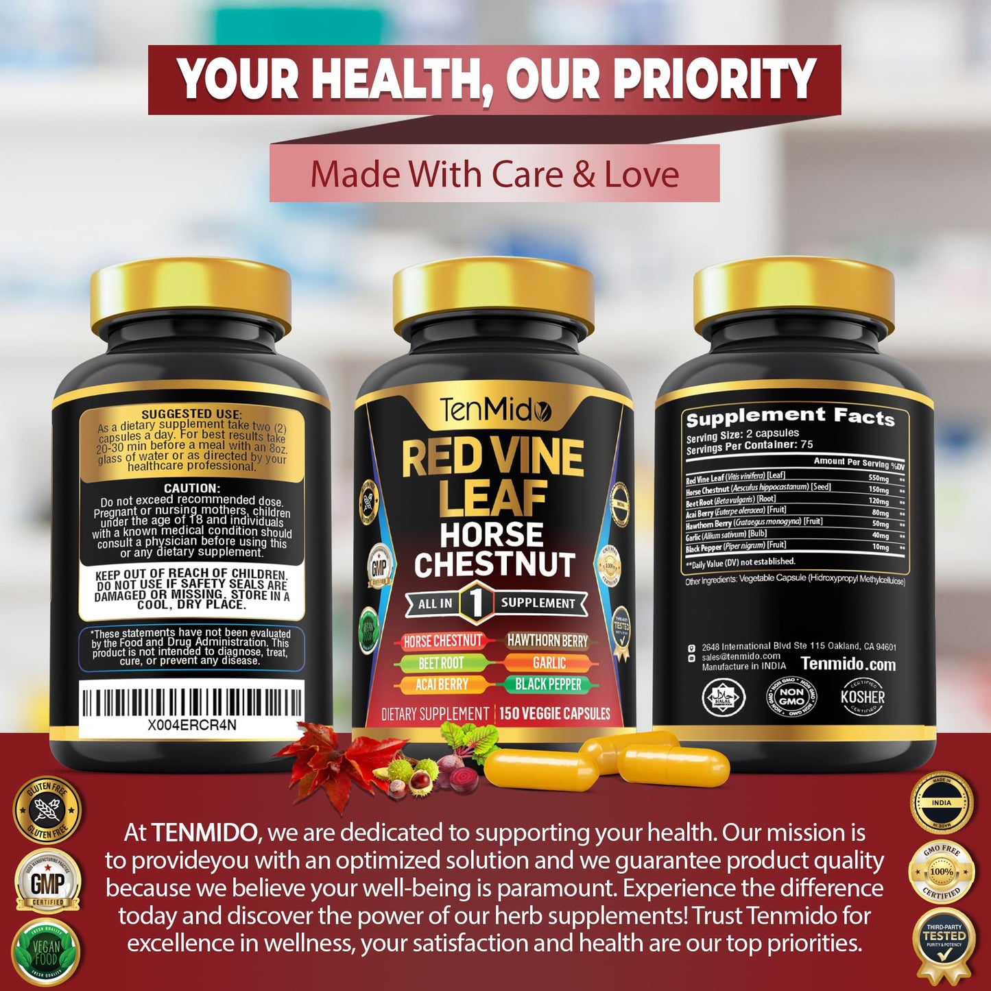 Tenmido Red Vine Leaf Extract Supplement – 7-in-1 Formula, 150 Capsules (75 Days)