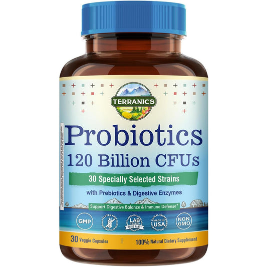 Terranics Probiotics 120 Billion CFU with Prebiotics & Digestive Enzymes | 30 Strains | Non-GMO | No Soy, Dairy & Gluten | 30 Veggie Capsules