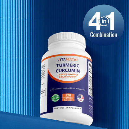 Vitamatic Turmeric Curcumin Supplement – 10:1, 3000 mg/Serving, 95% Curcuminoids, Black Pepper, Ginger, Moringa | 120 Veg Capsules