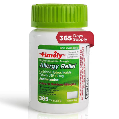 Timely Cetirizine HCl 10 mg - 365 Tablets | 24-Hour Allergy Relief | TIME-CAP LABS