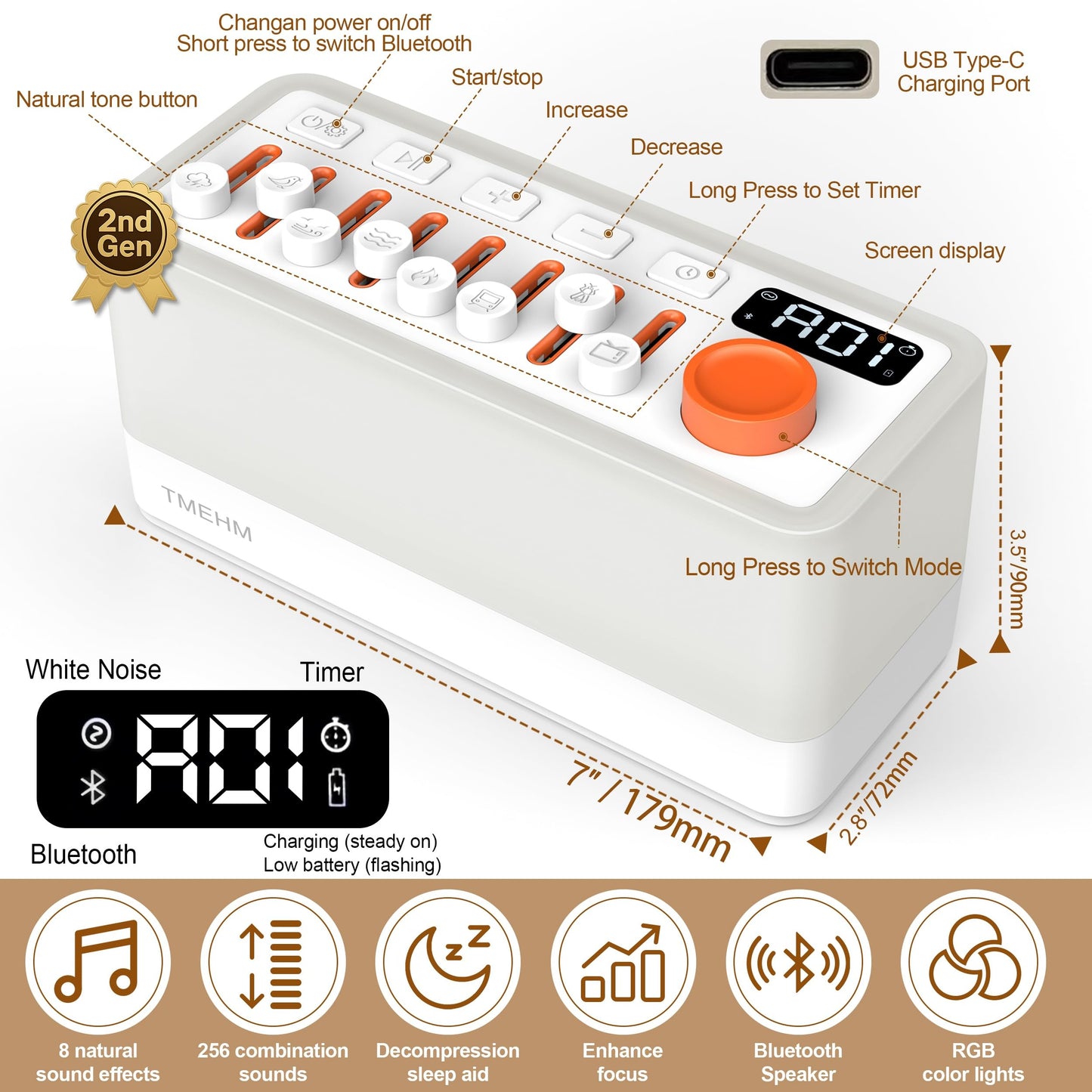 TMEHM 3-in-1 Sleep Sound Machine with 8 Nature Sounds, Bluetooth Speaker & Night Light