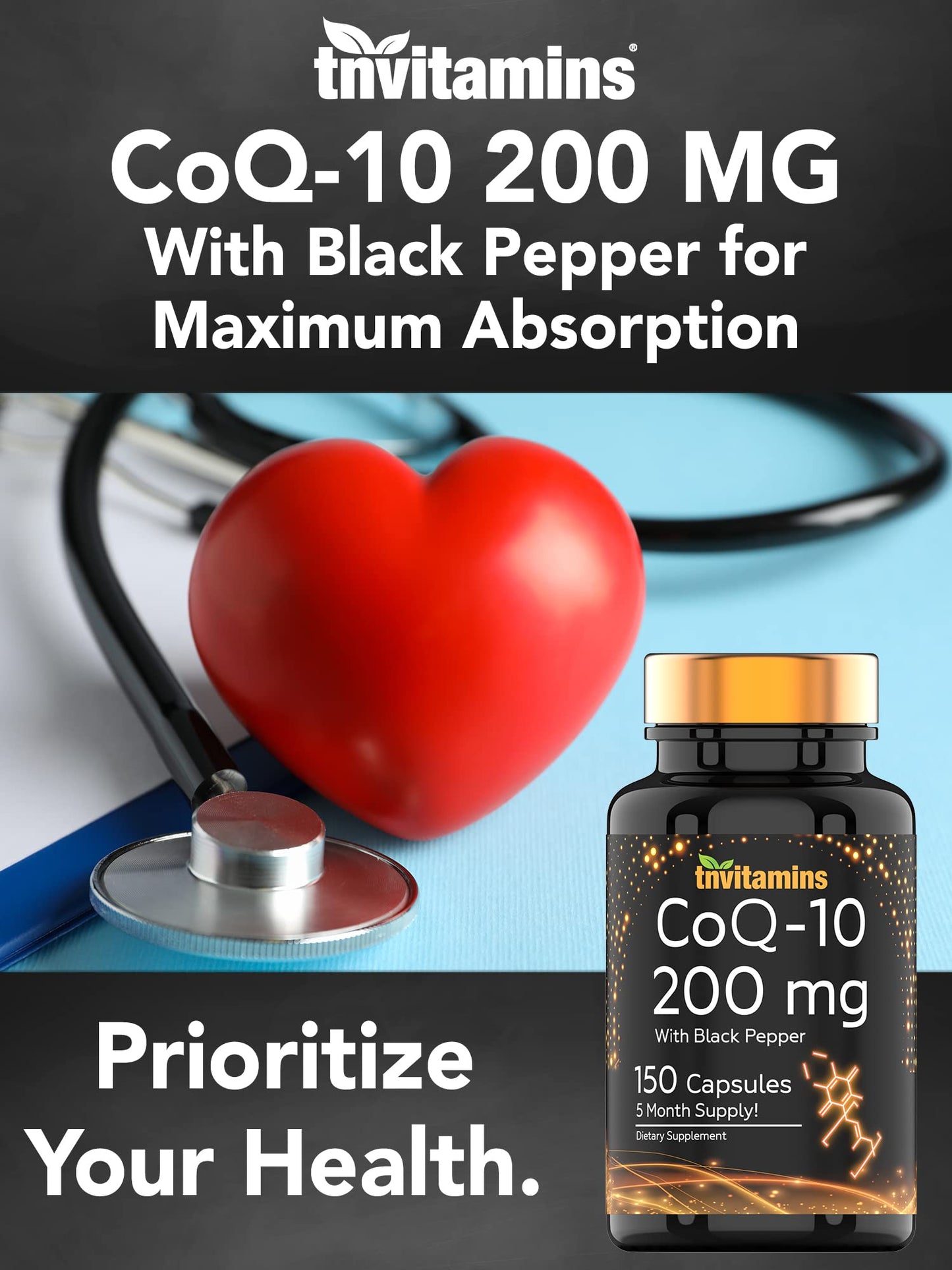 TNVitamins CoQ-10 200mg - 150 Capsules with Black Pepper | 5 Month Supply