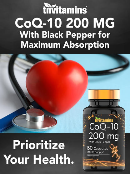 TNVitamins CoQ-10 200mg - 150 Capsules with Black Pepper | 5 Month Supply