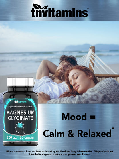 TNVitamins Magnesium Glycinate Capsules – 300 mg Magnesium, 90 Count | Chelated Magnesium Bisglycinate for Sleep & Calm