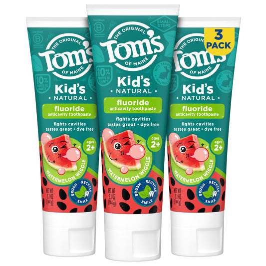 Tom's of Maine Watermelon Wiggle Kids Toothpaste with Fluoride – 3 Pack (5.1 oz) | Natural Kids Toothpaste