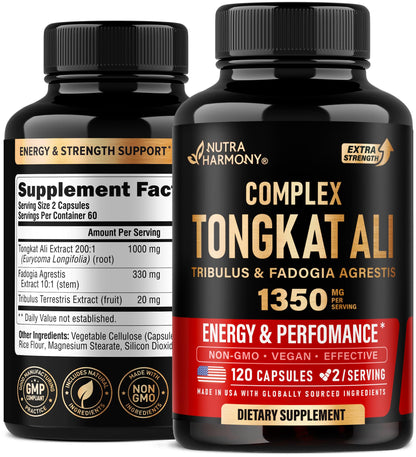 Tongkat Ali 1350mg Men Complex – Energy, Strength & Performance | USA Made 120 Capsules