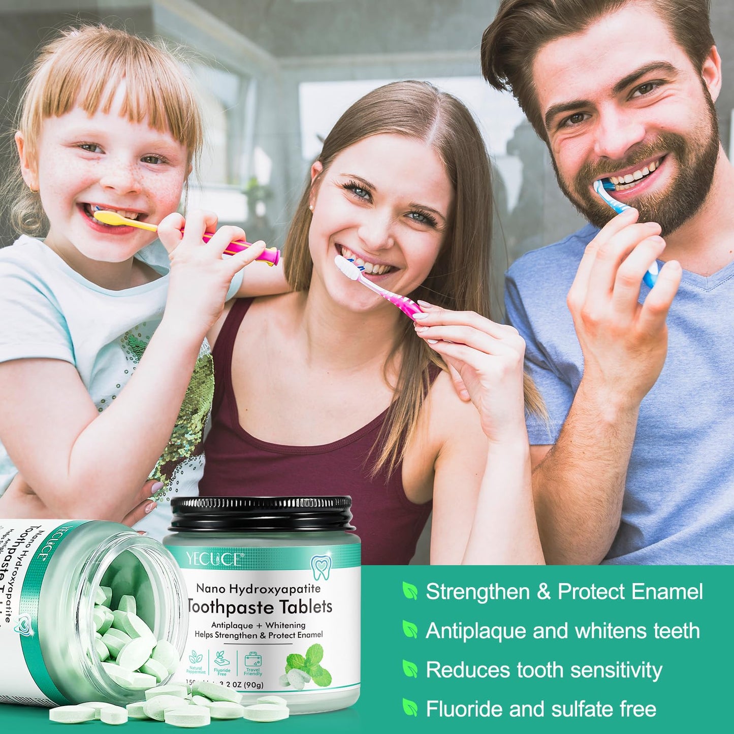 Nano Hydroxyapatite Toothpaste Tablets - Fluoride-Free Whitening, Peppermint